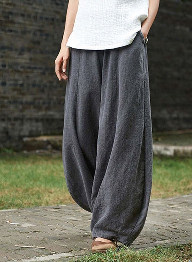IXIMO Women's Casual Cotton Linen Baggy Pants with Elastic Waist Relax Fit Lantern Trousers Gray M - Image 2