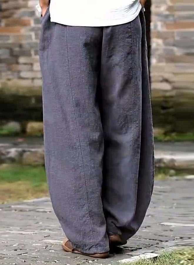 IXIMO Women's Casual Cotton Linen Baggy Pants with Elastic Waist Relax Fit Lantern Trousers Gray M - Image 4