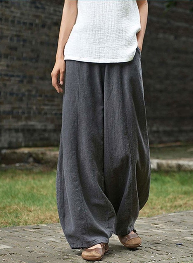 IXIMO Women's Casual Cotton Linen Baggy Pants with Elastic Waist Relax Fit Lantern Trousers Gray M - Image 3
