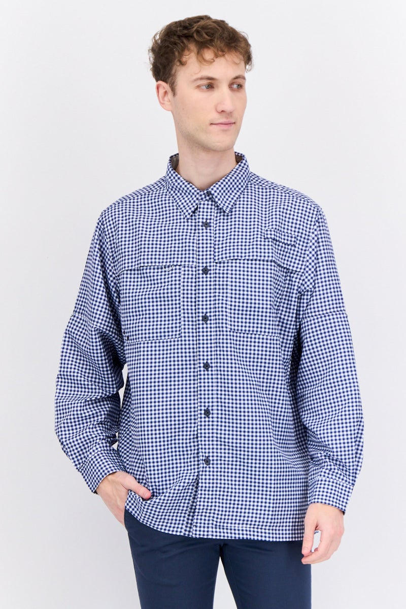 Red Hook Lure Men Regular Fit Long Sleeve Micro Check Print Casual Shirt, Navy - Image 1