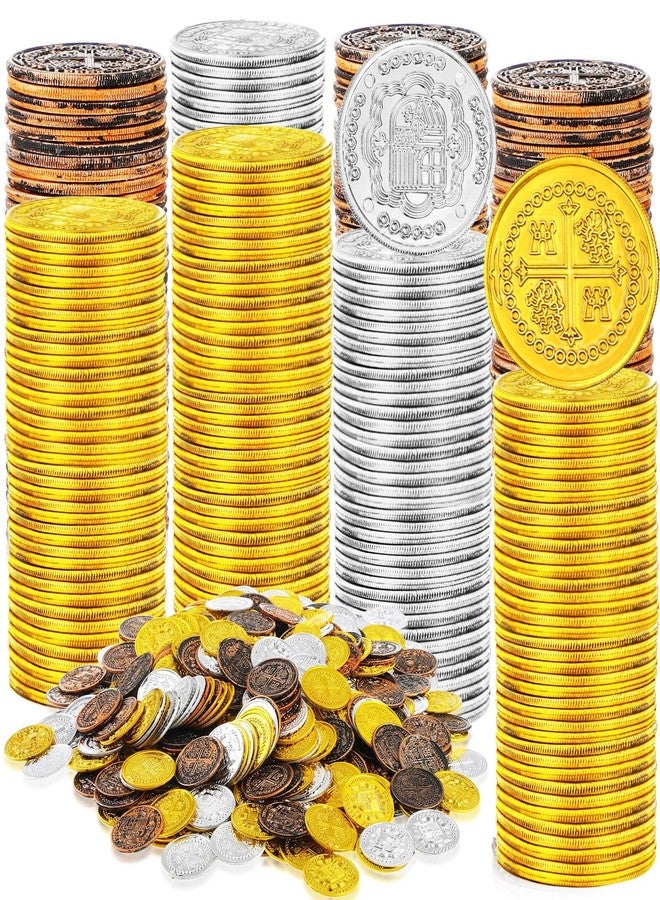 Hanaive 100 Pcs Pirate Coins Plastic Kids Fake Play Replica Spanish Doubloons St. Patrick's Coin for Pirate Party Treasure Chest Board Games Tokens Toys Cosplay (Gold, Silver, Bronze,Round) - Image 1