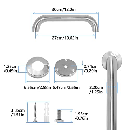 Rackickyer Shower Grab Bar 2 Pack 12 Inch Brushed Nickel Bathroom Safety Bar 125 Diameter 304 Stainless Steel Grab Bars for Bathtubs and Showers Handicap Shower Grab Bar for Seniors Elderly - Image 3