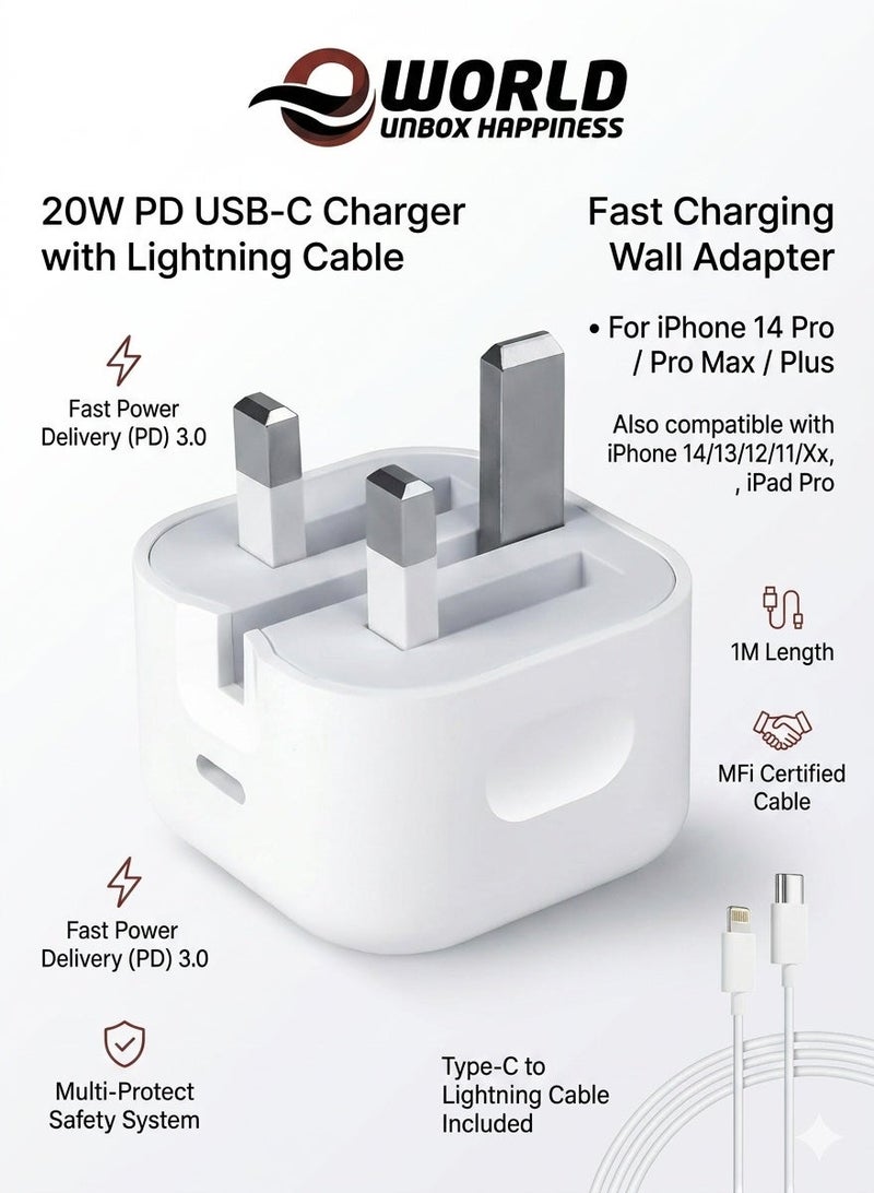 إي وورلد شاحن سريع 20 واط PD بمنفذ USB-C مع كابل تايب C إلى لايتنينج، شاحن حائط سريع لهواتف آيفون 14 و13 و12 و11 برو ماكس بلس وآيباد برو، تصميم مدمج للسفر - Image 4