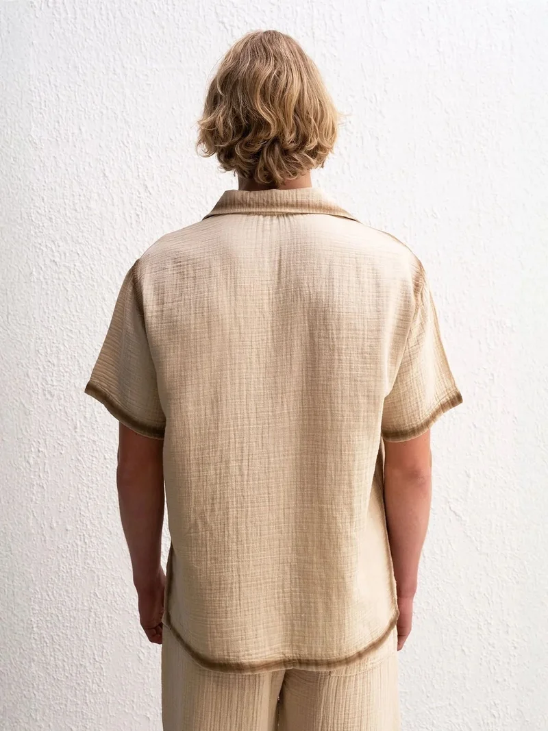 Giesto Beige Natural GIESTO Textured Woven Cotton Shirt with Button Closure for Men | Best Price UAE