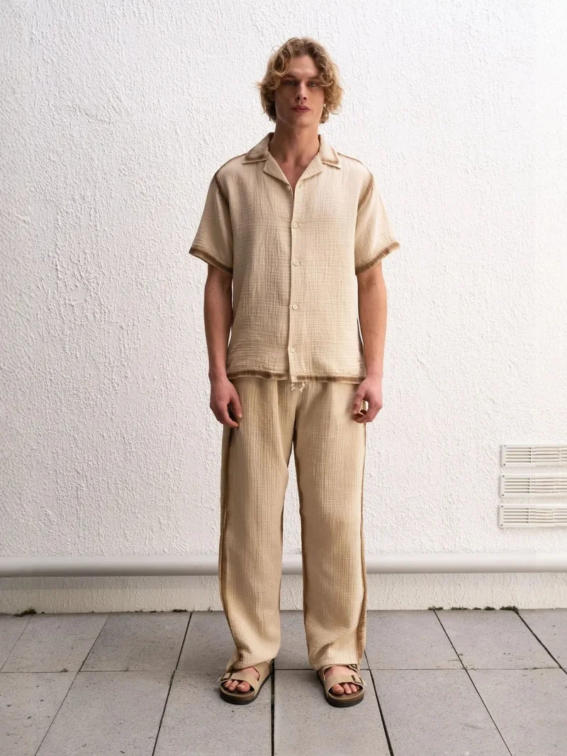 Giesto Beige Natural GIESTO Textured Woven Cotton Shirt with Button Closure for Men | Best Price UAE