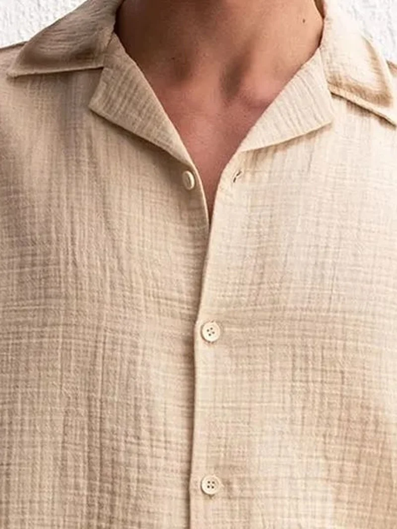 Giesto Beige Natural GIESTO Textured Woven Cotton Shirt with Button Closure for Men | Best Price UAE