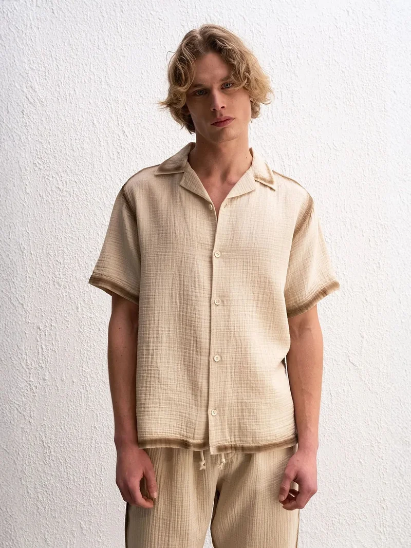 GIESTO Textured Woven Cotton Shirt with Button Closure