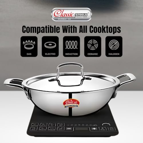 Classic Steels Triply Stainless Steel Kadai with Lid (26cm, 3.2L) | 2.5 mm Thick | Induction Bottom | Heavy Gauge Stainless Steel Cookware Kadhai | 5 Year Warranty - Image 5