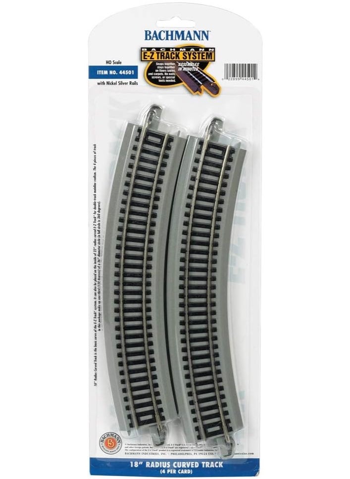 Bachmann Bachmann Trains - Snap-Fit E-Z TRACK 18” RADIUS CURVED TRACK (4/card) - NICKEL SILVER Rail With Gray Roadbed - HO Scale , Grey  - Image 1