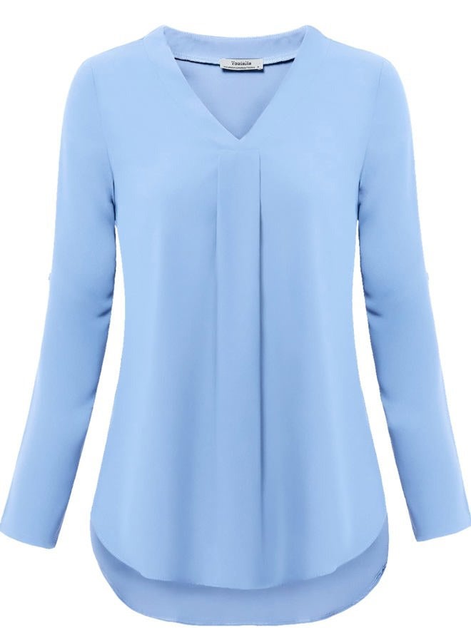 Youtalia Womens 3/4 Cuffed Sleeve Chiffon Printed V Neck Casual Blouse Shirt Tops, Light Blue, M - Image 4
