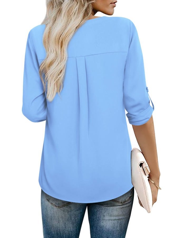 Youtalia Womens 3/4 Cuffed Sleeve Chiffon Printed V Neck Casual Blouse Shirt Tops, Light Blue, M - Image 3