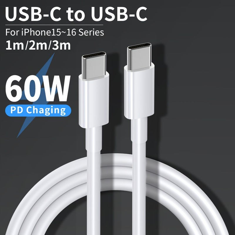 USB C to USB C Cable 6.6ft White 60W Fast Charging for iPhone 15 iPad Pro - Image 2