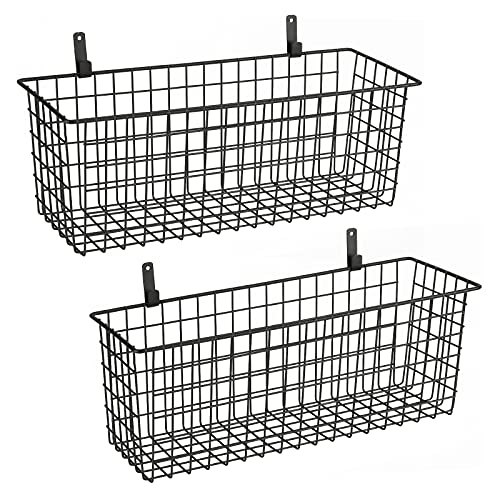 KINLINK 2 Sets Extra Large Hanging Wall Basket, Black Metal Wire Baskets with Steel Hooks for Organizing, WallmountedFruit Vegetable Toy Snack Storage, Home Kitchen Bathroom Laundry Pantry Organizer - Image 1