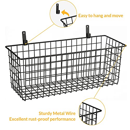 KINLINK 2 Sets Extra Large Hanging Wall Basket, Black Metal Wire Baskets with Steel Hooks for Organizing, WallmountedFruit Vegetable Toy Snack Storage, Home Kitchen Bathroom Laundry Pantry Organizer - Image 3