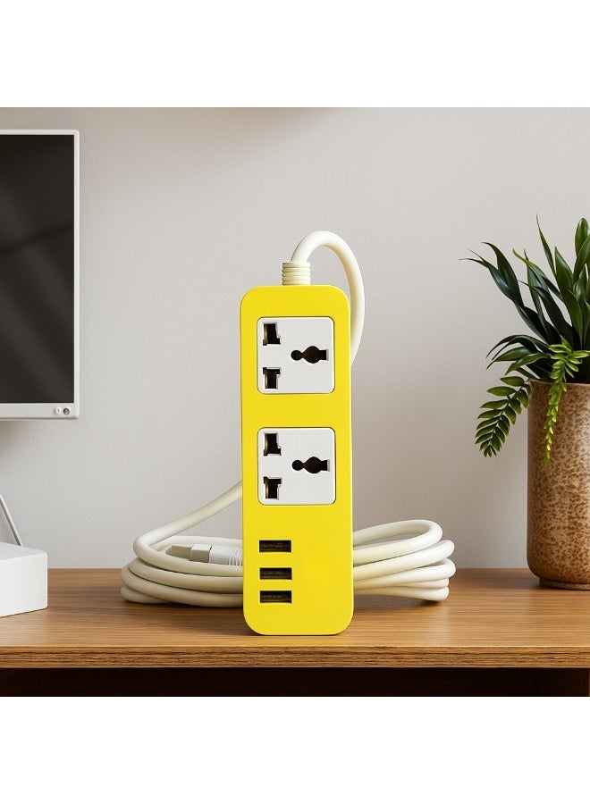 LUCKY HAWK 2M Extension Power Socket LH-102 | 2 Universal Outlets + 3 USB Charging Ports | 2500W, 250V, 10A | Flame Retardant Safety Design | Power Strip with UK Plug – Green / Yellow Color