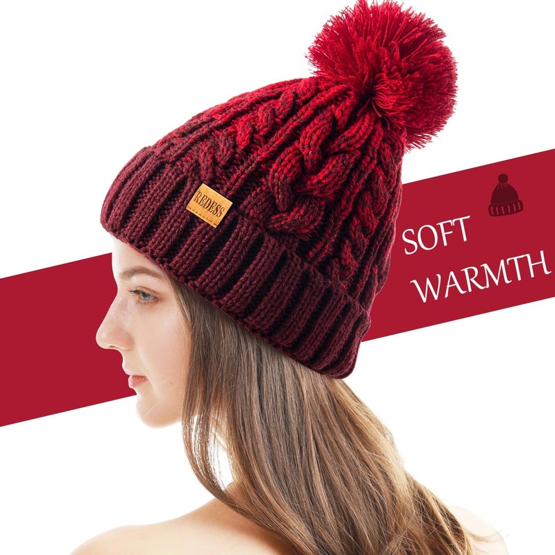 REDESS Women Winter Pompom Beanie Hat with Warm Fleece Lined, Thick Slouchy Snow Knit Skull Ski Cap - Image 3