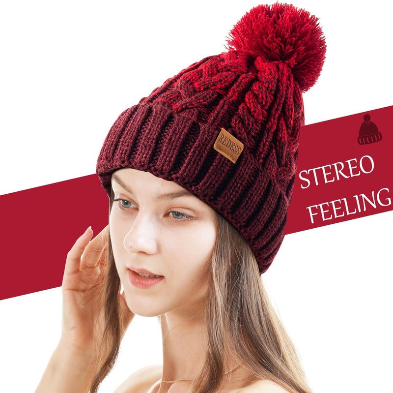REDESS Women Winter Pompom Beanie Hat with Warm Fleece Lined, Thick Slouchy Snow Knit Skull Ski Cap - Image 2