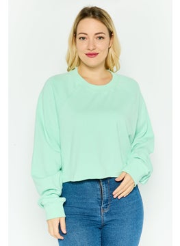 NIA Women Crew Neck Long Sleeve Solid Crop Sweatshirt, Mint Green  - Image 1