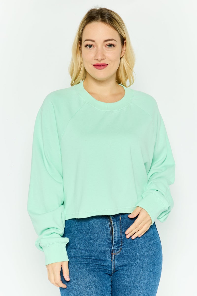 NIA سويت شيرت قصير بأكمام طويلة وياقة دائرية للنساء، أخضر نعناعي - Image 1