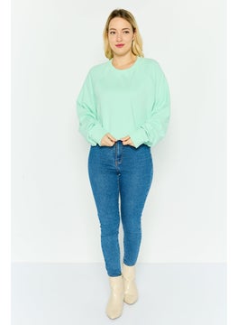 NIA Women Crew Neck Long Sleeve Solid Crop Sweatshirt, Mint Green  - Image 4