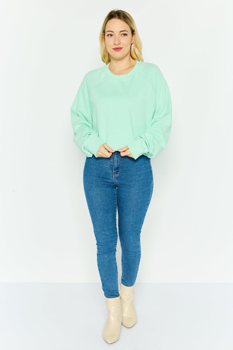 NIA سويت شيرت قصير بأكمام طويلة وياقة دائرية للنساء، أخضر نعناعي - Image 4