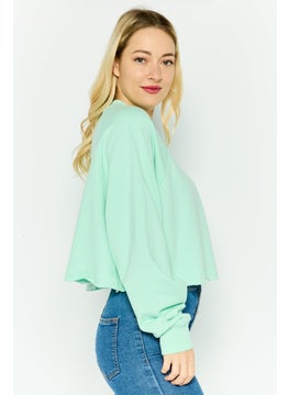 NIA Women Crew Neck Long Sleeve Solid Crop Sweatshirt, Mint Green  - Image 2