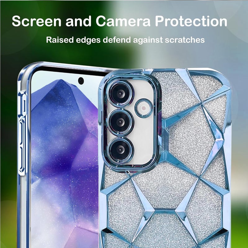 VONZEE Gradient Glitter Case for Samsung A55, Luxury Electroplated 3D Cube, Diamond Bling Shiny Soft TPU Clear Shockproof Women Girls Protective Phone Cover (Sierra Blue) - Image 5