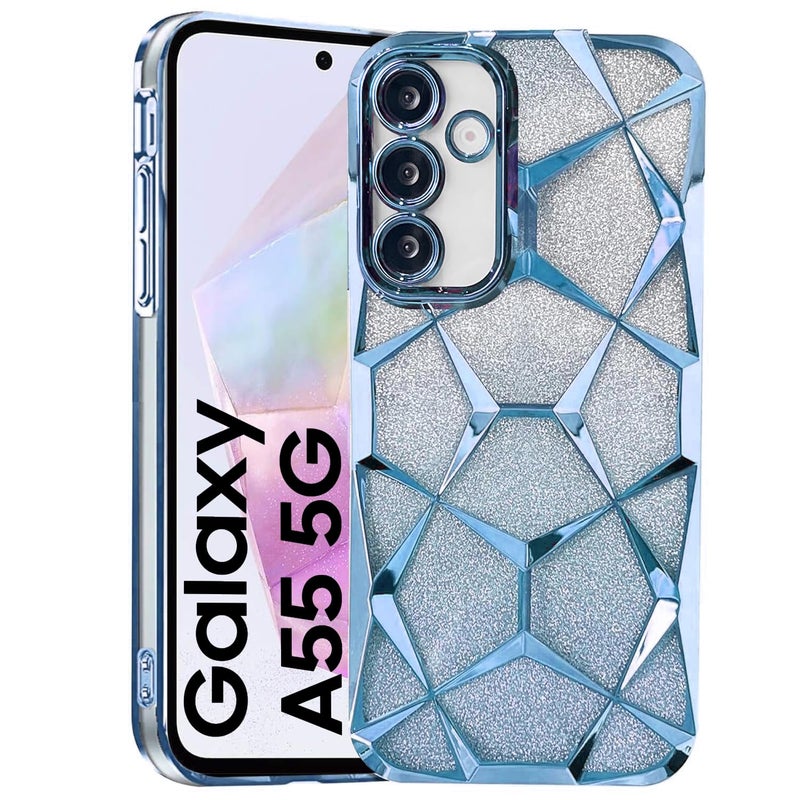 VONZEE Gradient Glitter Case for Samsung A55, Luxury Electroplated 3D Cube, Diamond Bling Shiny Soft TPU Clear Shockproof Women Girls Protective Phone Cover (Sierra Blue) - Image 1