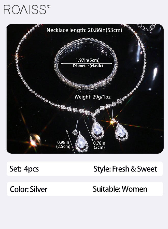 رويس مجموعة مجوهرات أنيقة مكونة من 4 قطع من القلائد والأساور، مجموعة مجوهرات زفاف من الكريستال اللامع، قلادة فضية أنيقة مرصعة بأحجار الراين، أقراط متدلية من الكريستال على شكل دمعة، مجموعات مجوهرات تنكرية لحفلات الزفاف وحفلات التخرج - Image 4