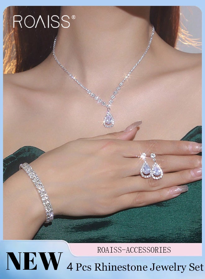 رويس مجموعة مجوهرات أنيقة مكونة من 4 قطع من القلائد والأساور، مجموعة مجوهرات زفاف من الكريستال اللامع، قلادة فضية أنيقة مرصعة بأحجار الراين، أقراط متدلية من الكريستال على شكل دمعة، مجموعات مجوهرات تنكرية لحفلات الزفاف وحفلات التخرج - Image 1