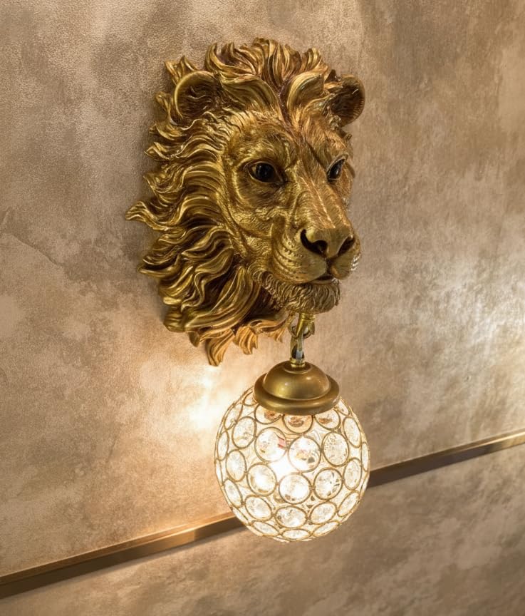 swanart Majestic Lion Head Wall Sconce with Crystal Globe Lamp – Luxurious Wall Lighting for Living Room, Bedroom, Hallway – Antique Gold Finish, Decorative Lion Mane – Unique Home Décor Accent - Image 1