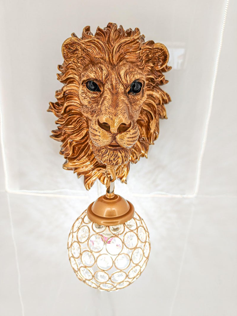 swanart Majestic Lion Head Wall Sconce with Crystal Globe Lamp – Luxurious Wall Lighting for Living Room, Bedroom, Hallway – Antique Gold Finish, Decorative Lion Mane – Unique Home Décor Accent - Image 4
