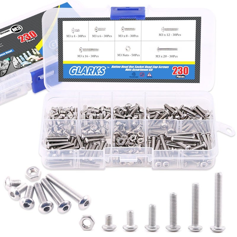 Glarks 230Pcs M3 Stainless Steel Allen Hex Drive Button Head Socket Cap Bolts Screws Nuts Assortment Kit M3
