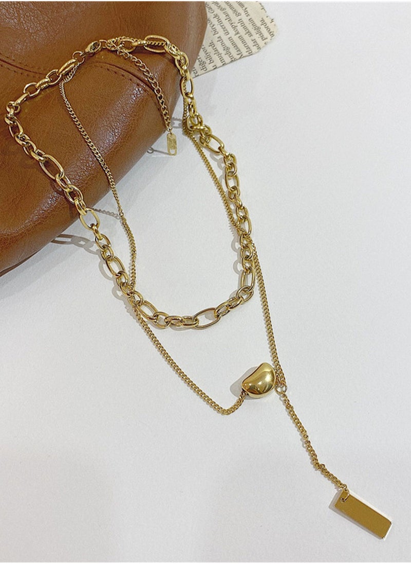 LOOPITYS Double Layered Stackable Gold Bean Tassel Square Plaque Gold Plated Stainless Steel Necklaces for Women  - Image 4