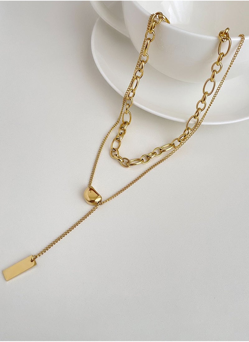 LOOPITYS Double Layered Stackable Gold Bean Tassel Square Plaque Gold Plated Stainless Steel Necklaces for Women  - Image 1
