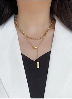 LOOPITYS Double Layered Stackable Gold Bean Tassel Square Plaque Gold Plated Stainless Steel Necklaces for Women  - Image 2