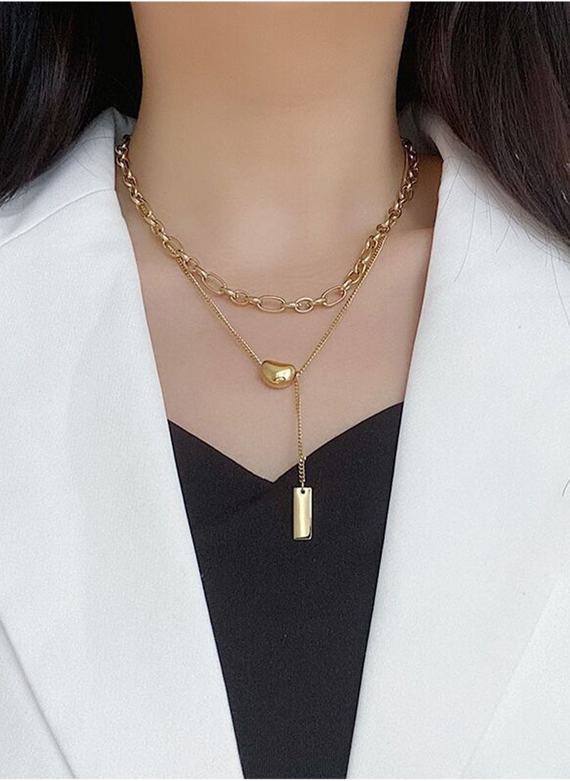 LOOPITYS Double Layered Stackable Gold Bean Tassel Square Plaque Gold Plated Stainless Steel Necklaces for Women  - Image 2