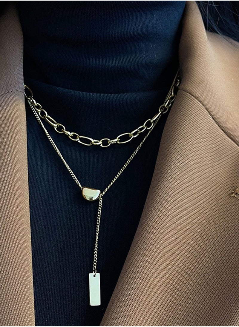 LOOPITYS Double Layered Stackable Gold Bean Tassel Square Plaque Gold Plated Stainless Steel Necklaces for Women  - Image 5