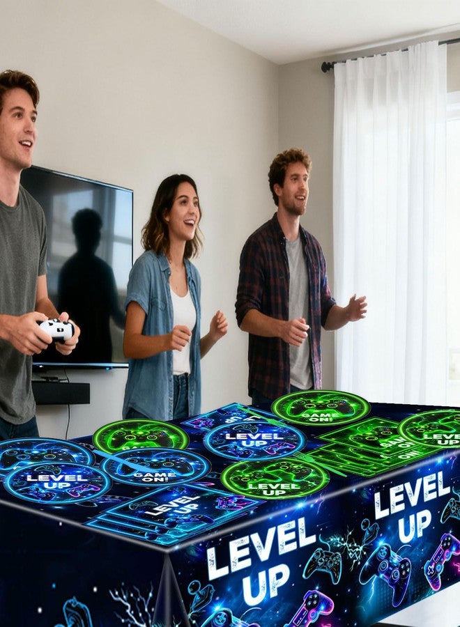 QIYANPAX Video Game Birthday Decorations - Neon Level Up Game Tableware Includes Plates, Napkins, Cups, Forks, Tablecloths for Boy Gamer Birthday Party, Serves 24 - Image 5