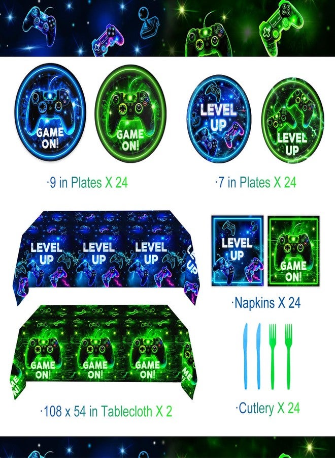 QIYANPAX Video Game Birthday Decorations - Neon Level Up Game Tableware Includes Plates, Napkins, Cups, Forks, Tablecloths for Boy Gamer Birthday Party, Serves 24 - Image 2