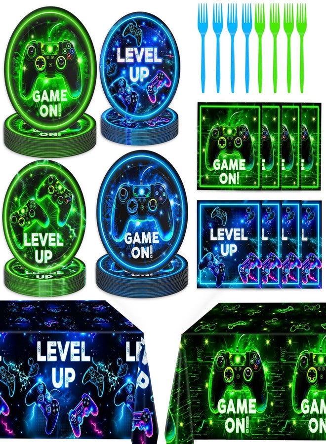 QIYANPAX Video Game Birthday Decorations - Neon Level Up Game Tableware Includes Plates, Napkins, Cups, Forks, Tablecloths for Boy Gamer Birthday Party, Serves 24 - Image 1