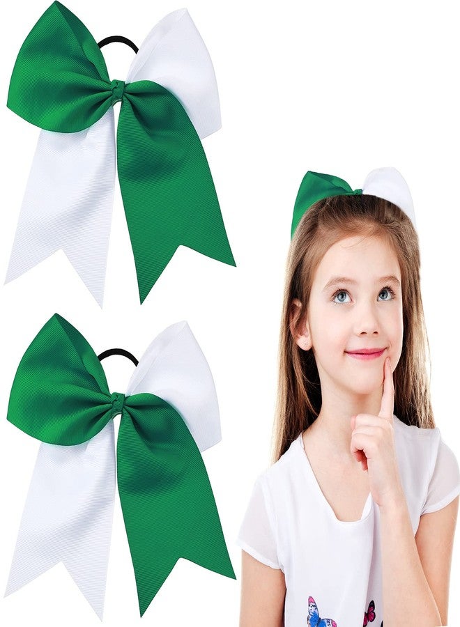 WILLBOND 2 Packs Jumbo Cheerleading Bow 8 Inch Large Cheer Hair Bows with Ponytail Holder for Teen Girls Softball Outfit Uniform(White and Green) - Image 1