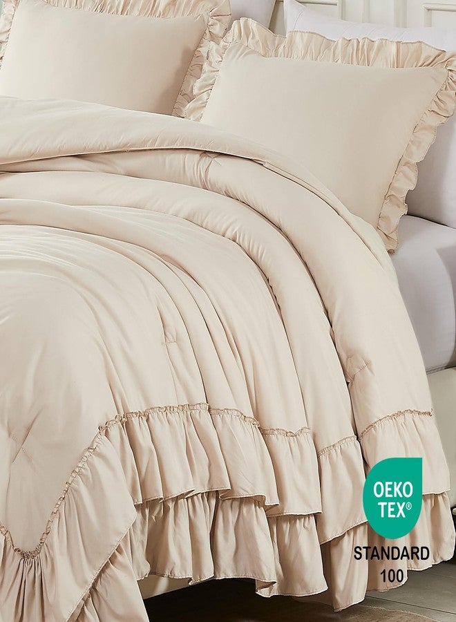Cupocupa Beige Full Comforter Set, 3Pcs Ruffle Farmhouse Bedding Sets with Comforter & Pillowcases, Soft Shabby Chic Lightweight Fluffy Comforter Set for All Season Bedroom Decor (Beige, F) - Image 4