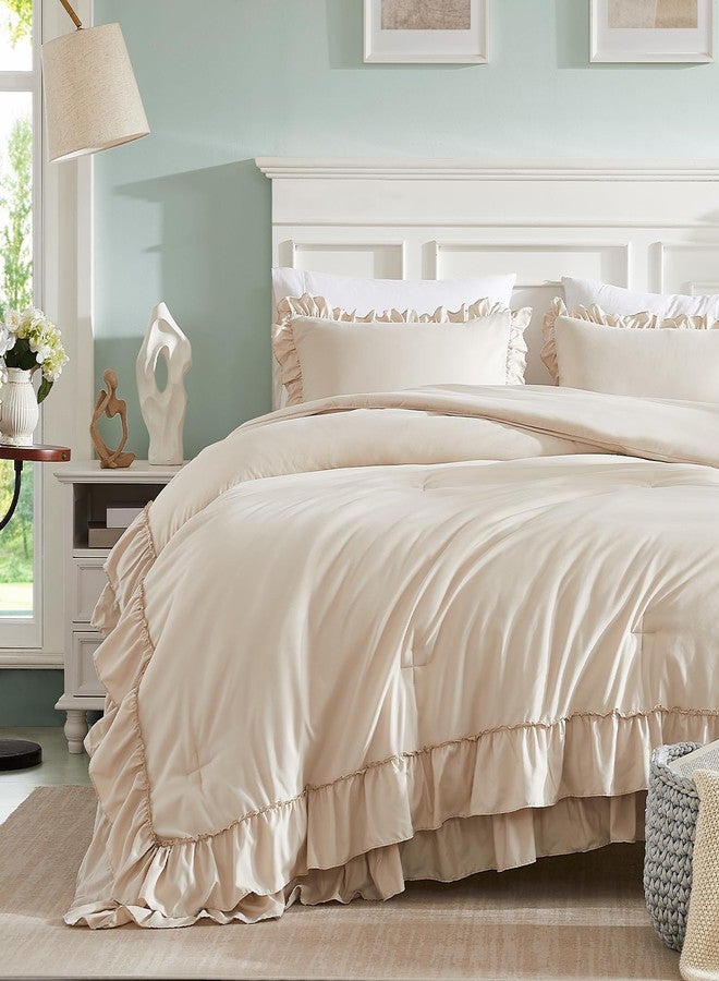 Cupocupa Beige Full Comforter Set, 3Pcs Ruffle Farmhouse Bedding Sets with Comforter & Pillowcases, Soft Shabby Chic Lightweight Fluffy Comforter Set for All Season Bedroom Decor (Beige, F) - Image 3