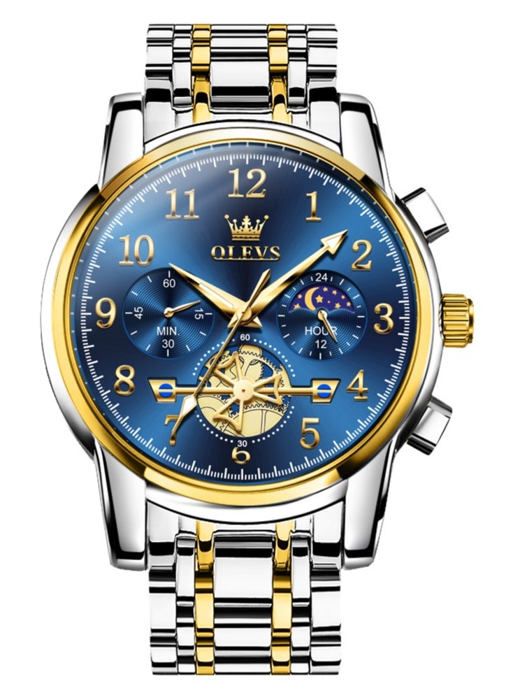 OLEVS Moon Phase Watch For Men Stainless Steel Waterpoof Luminous Fashion Skeleton Chronograph Quartz Wrist Watch for Men - Image 2