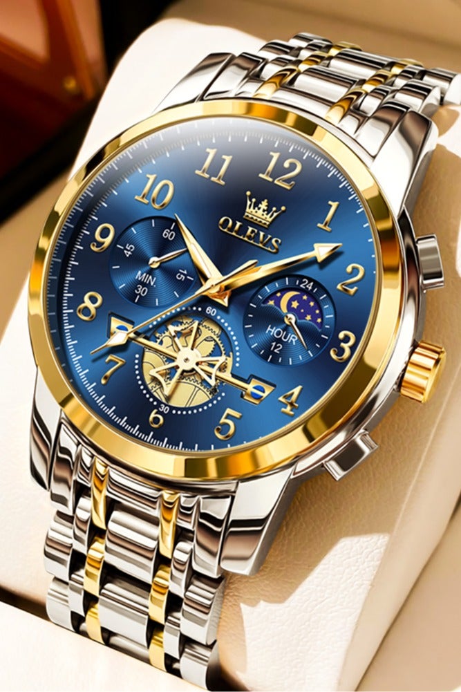 OLEVS Moon Phase Watch For Men Stainless Steel Waterpoof Luminous Fashion Skeleton Chronograph Quartz Wrist Watch for Men - Image 1