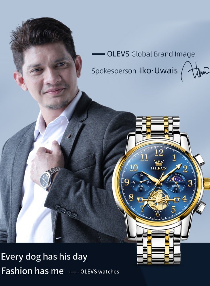 OLEVS Moon Phase Watch For Men Stainless Steel Waterpoof Luminous Fashion Skeleton Chronograph Quartz Wrist Watch for Men - Image 3