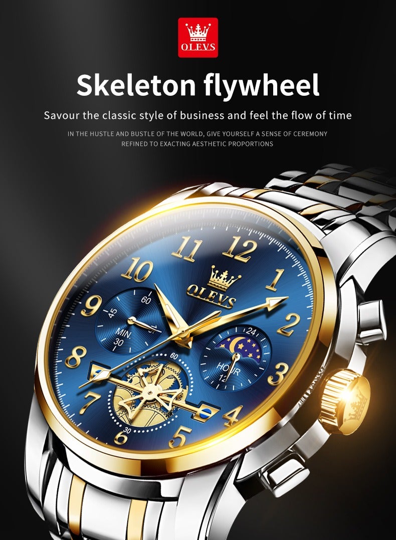 OLEVS Moon Phase Watch For Men Stainless Steel Waterpoof Luminous Fashion Skeleton Chronograph Quartz Wrist Watch for Men - Image 4