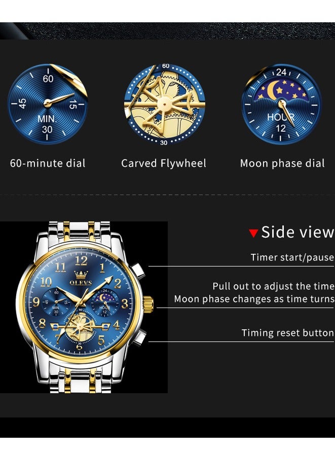 OLEVS Moon Phase Watch For Men Stainless Steel Waterpoof Luminous Fashion Skeleton Chronograph Quartz Wrist Watch for Men - Image 5