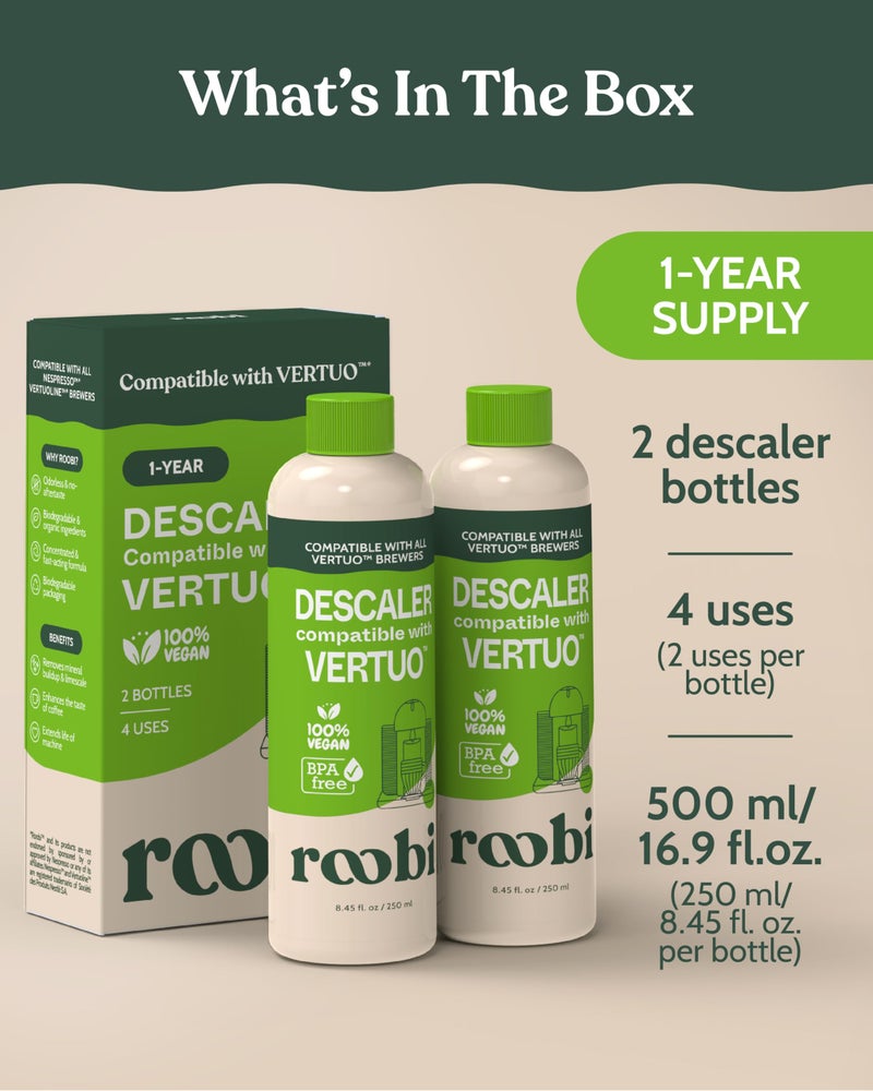Roobi Nespresso Vertuo Compatible Descaling Solution. Eco-Friendly Formula to Clean & Descale Your Nespresso Vertuoline Machine. 2 Uses per Bottle, 2 Pack. Carbon Neutral Vertuo Descaling Kit. - Image 3